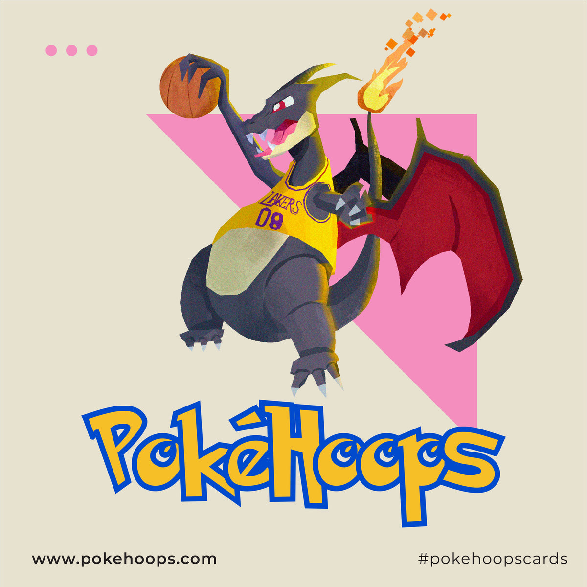 Charizard holding a basketball above the Pokéhoops logo